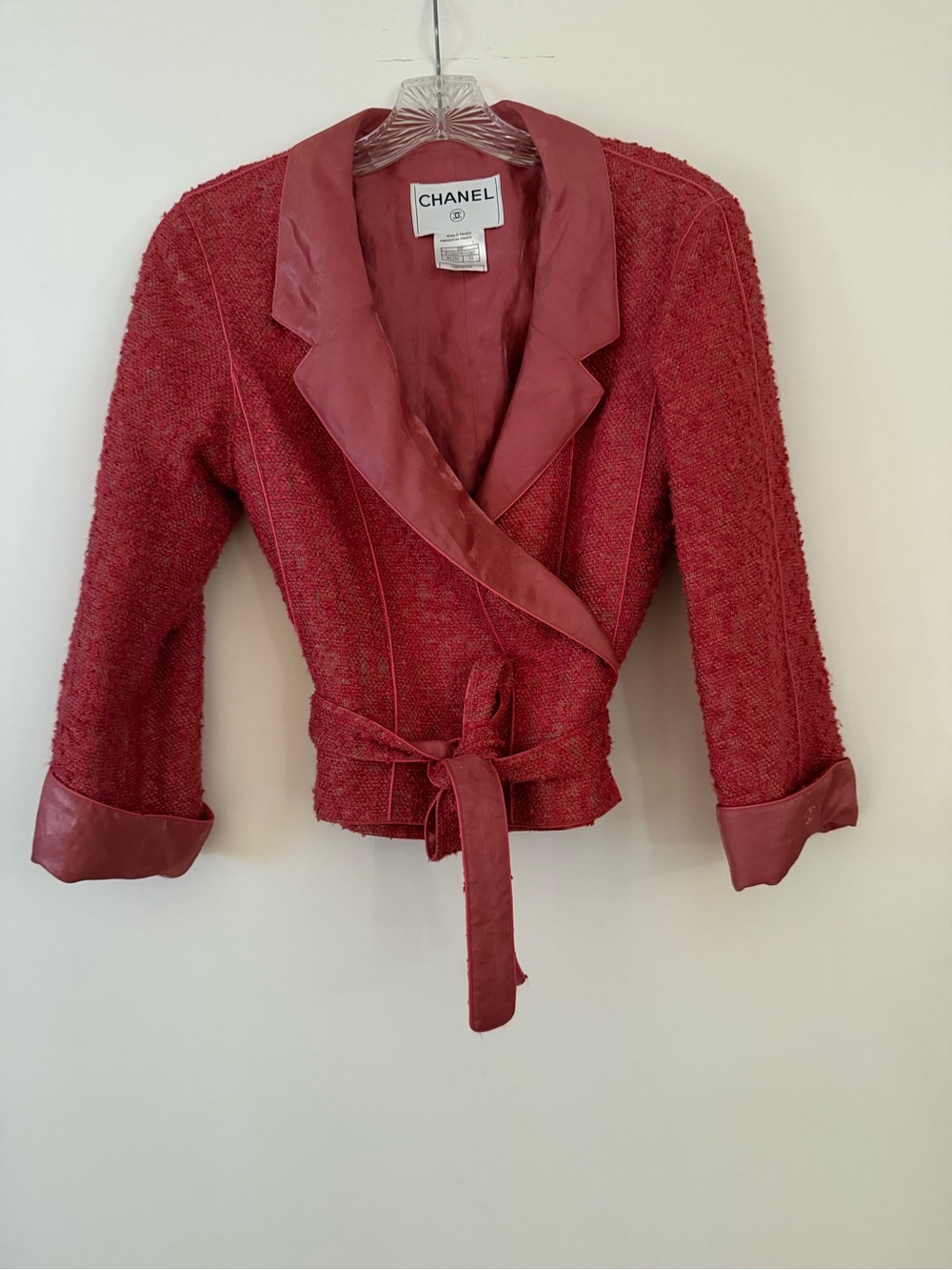 CHANEL Red Bouclé Wrap Jacket with Satin Trim - Size 34